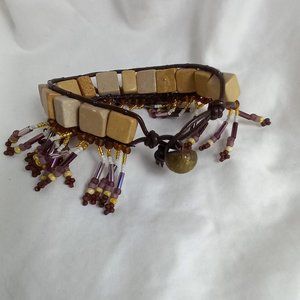 Woven Bracelet w/Cut Stones, Purple Beads w/Brown, Antique Button